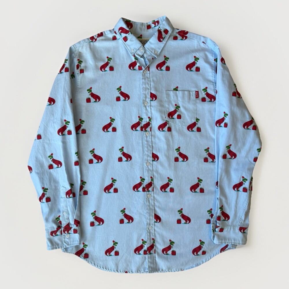 RSVLTS Christmas Shirt 2XL Blue Minimalist Oxford T Rex Fun Holliday Santa AOP